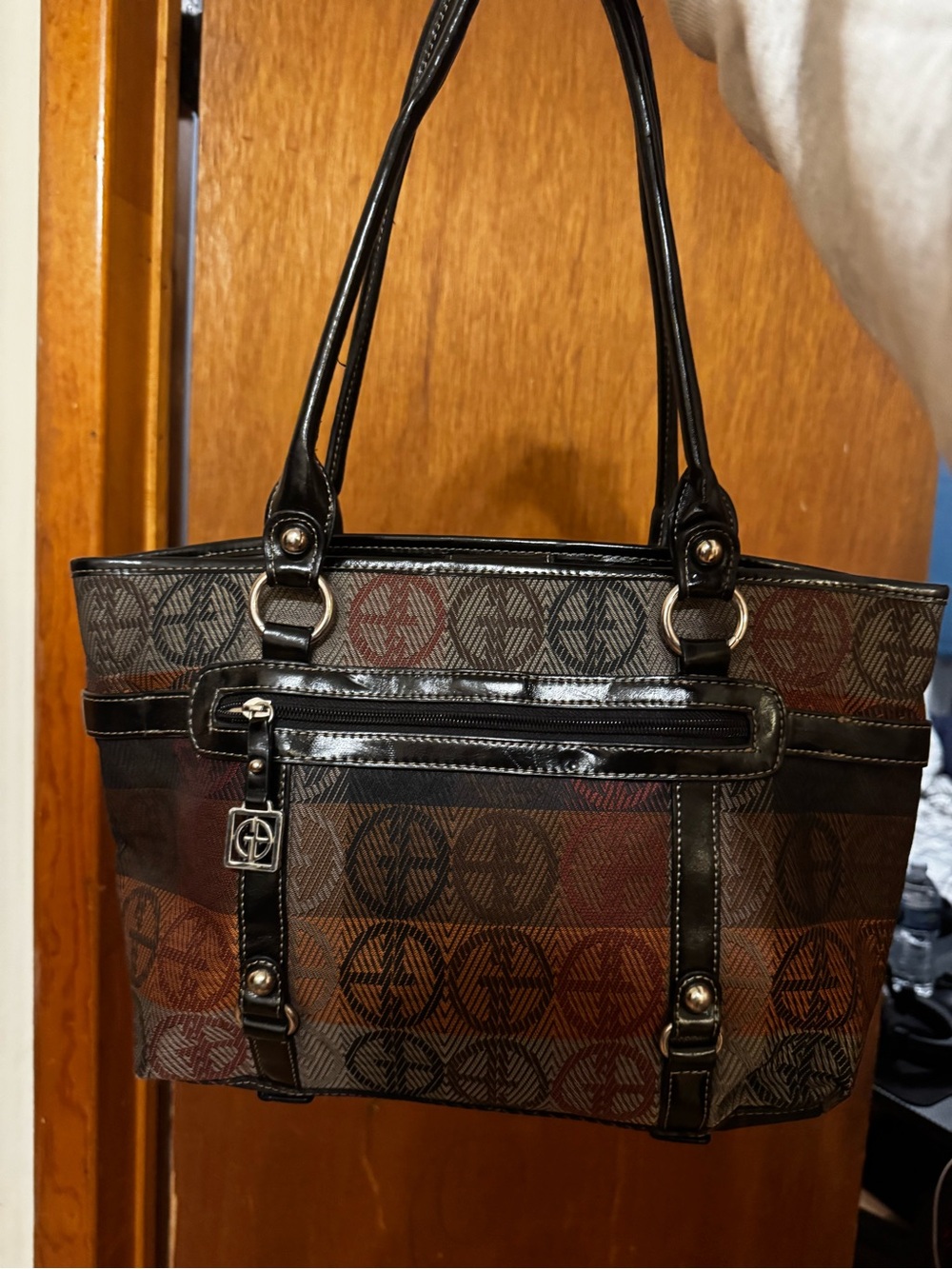 Stylish Brown Patterned Tote Bag with Black Trim